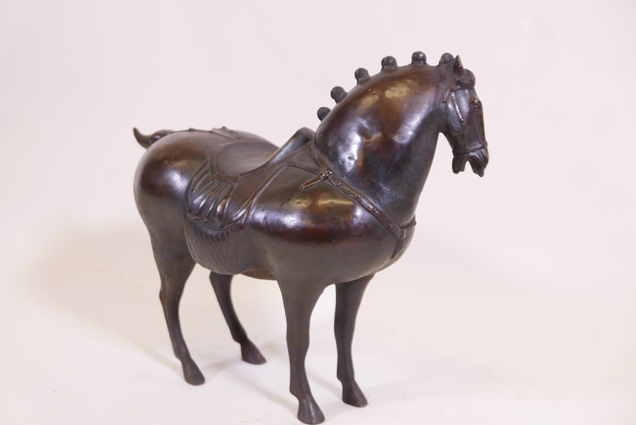 A Chinese bronze figure of a horse with saddle and harness, 15" high - Image 2 of 2