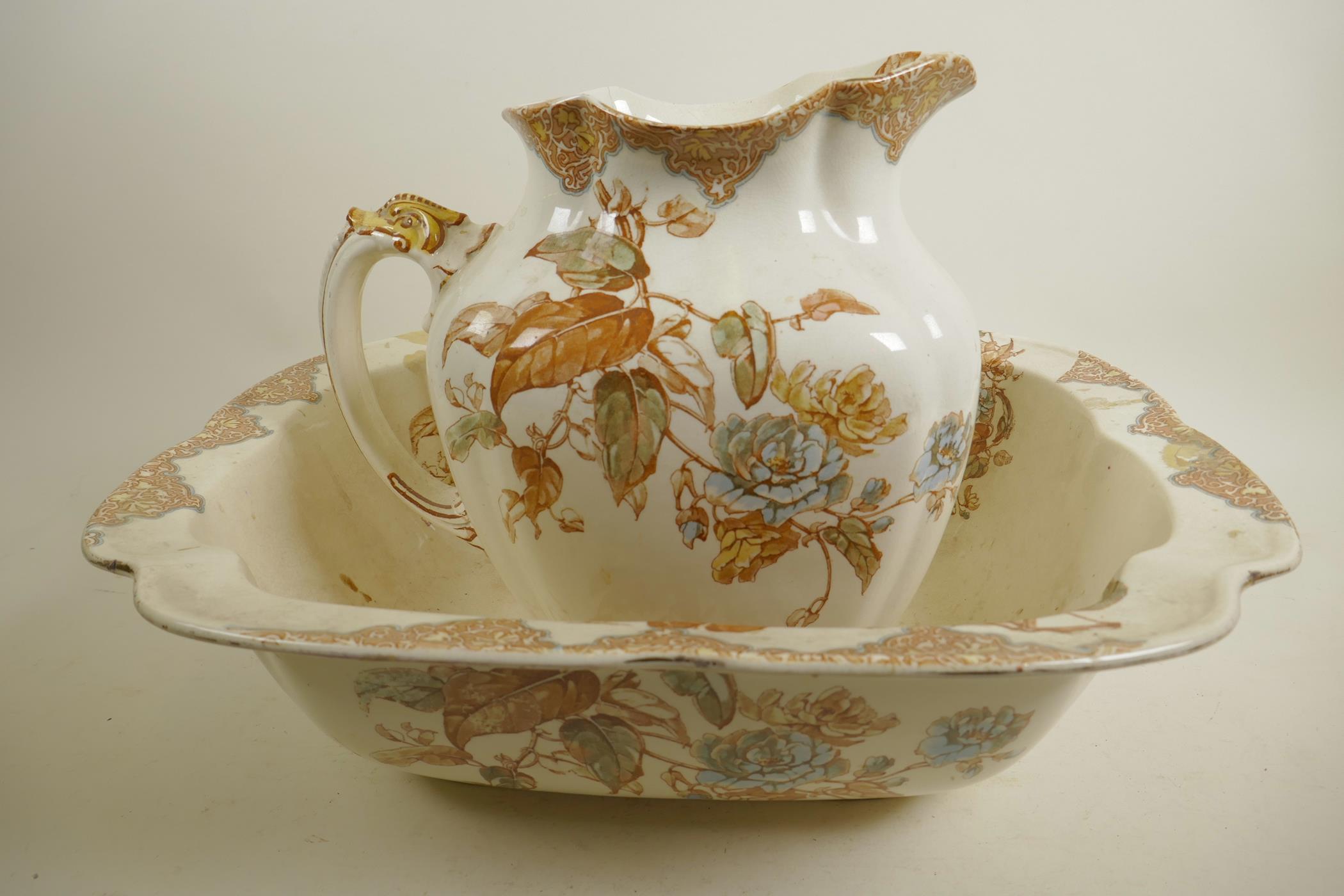 A C19th Doulton Burslem 'Jessica' pattern square section wash jug and bowl, A/F, bowl 17" x 14" - Image 2 of 6