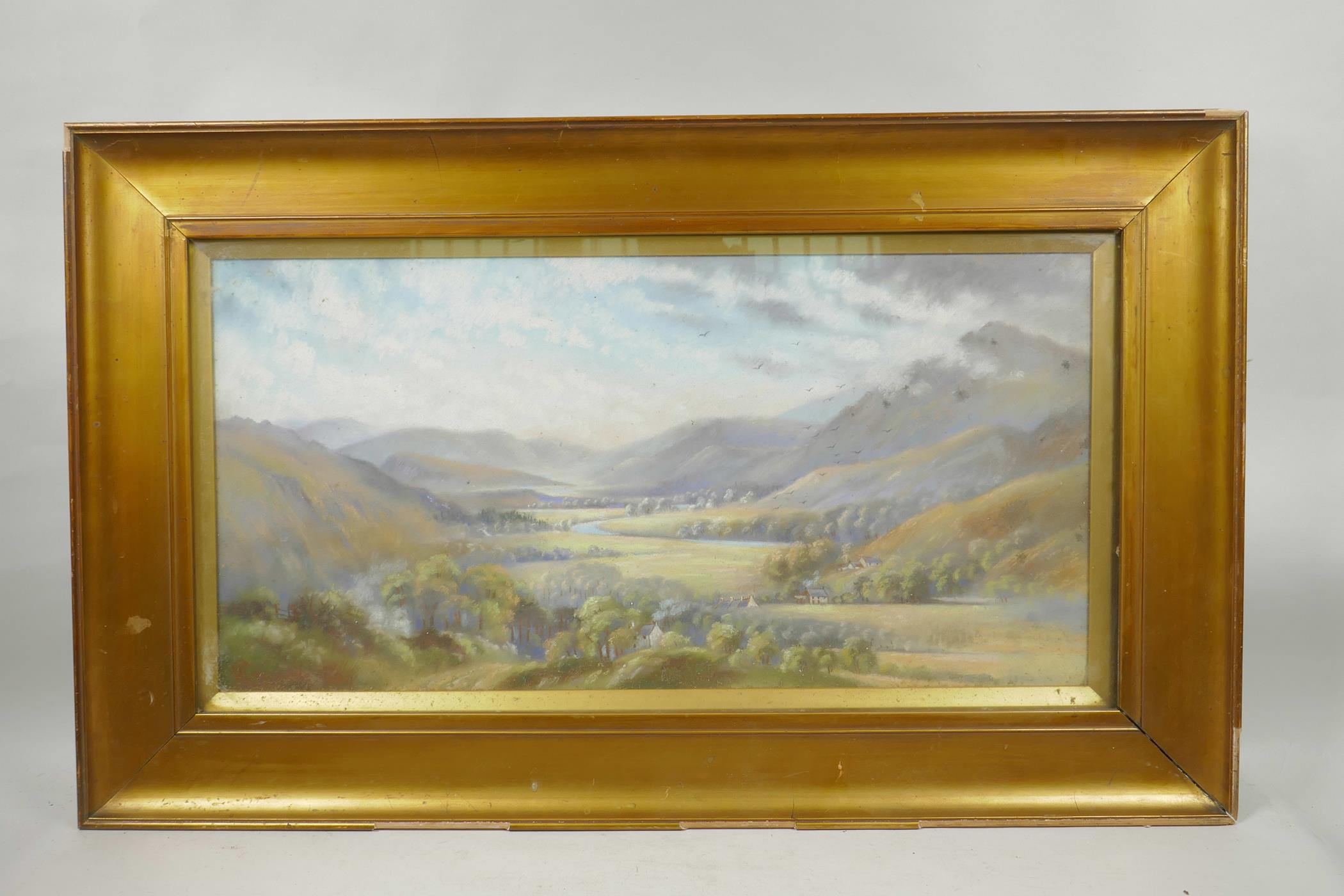 An early C20th landscape scene with valley and river, pastel on paper, indistinctly signed and dated - Image 2 of 3