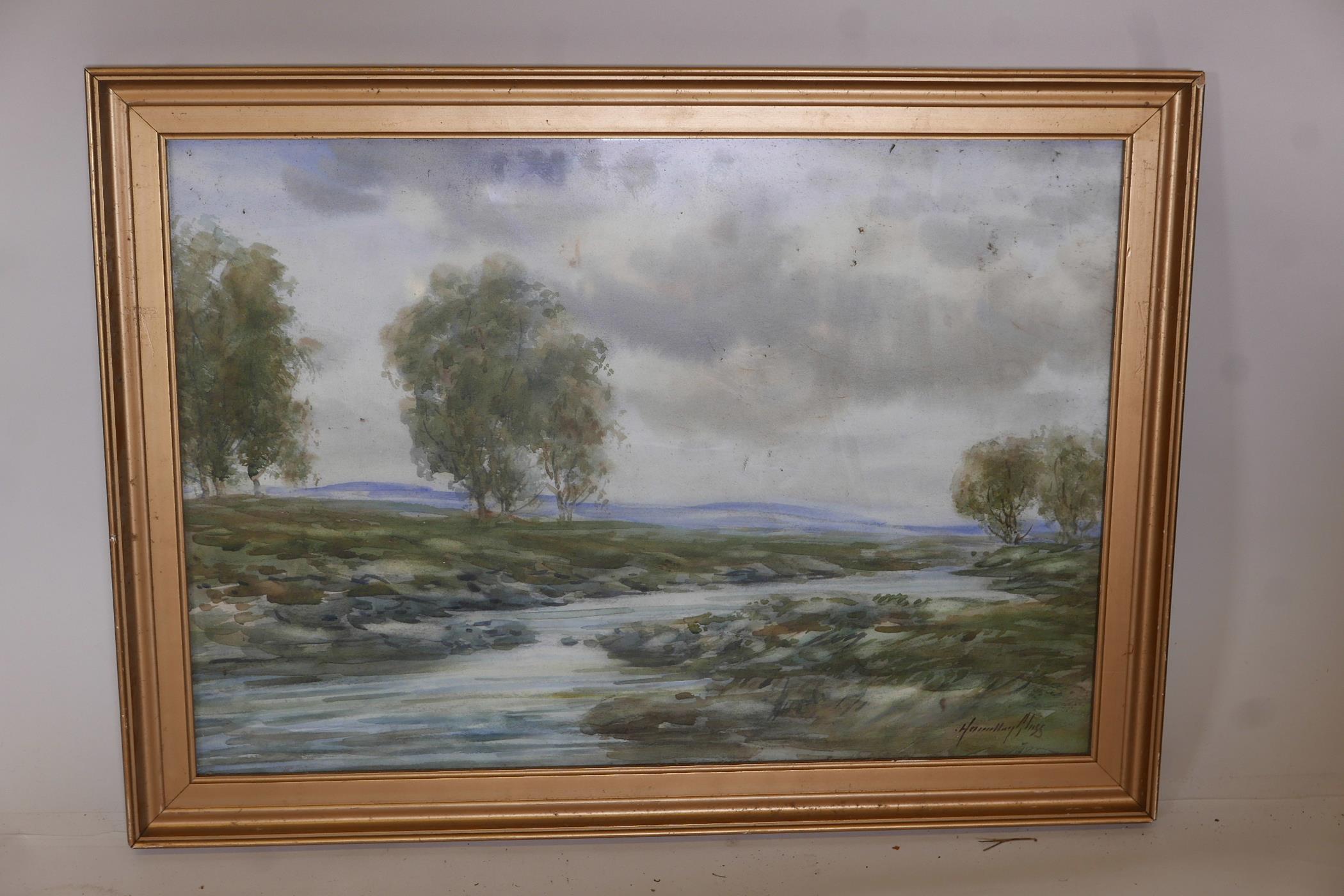 Hamilton Glass, lowland landscape with a stream, watercolour, signed, 20" x 14" - Image 3 of 3