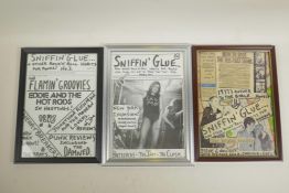 Three framed 'Sniffin Glue' zine cover prints, largest 9½" x 13"