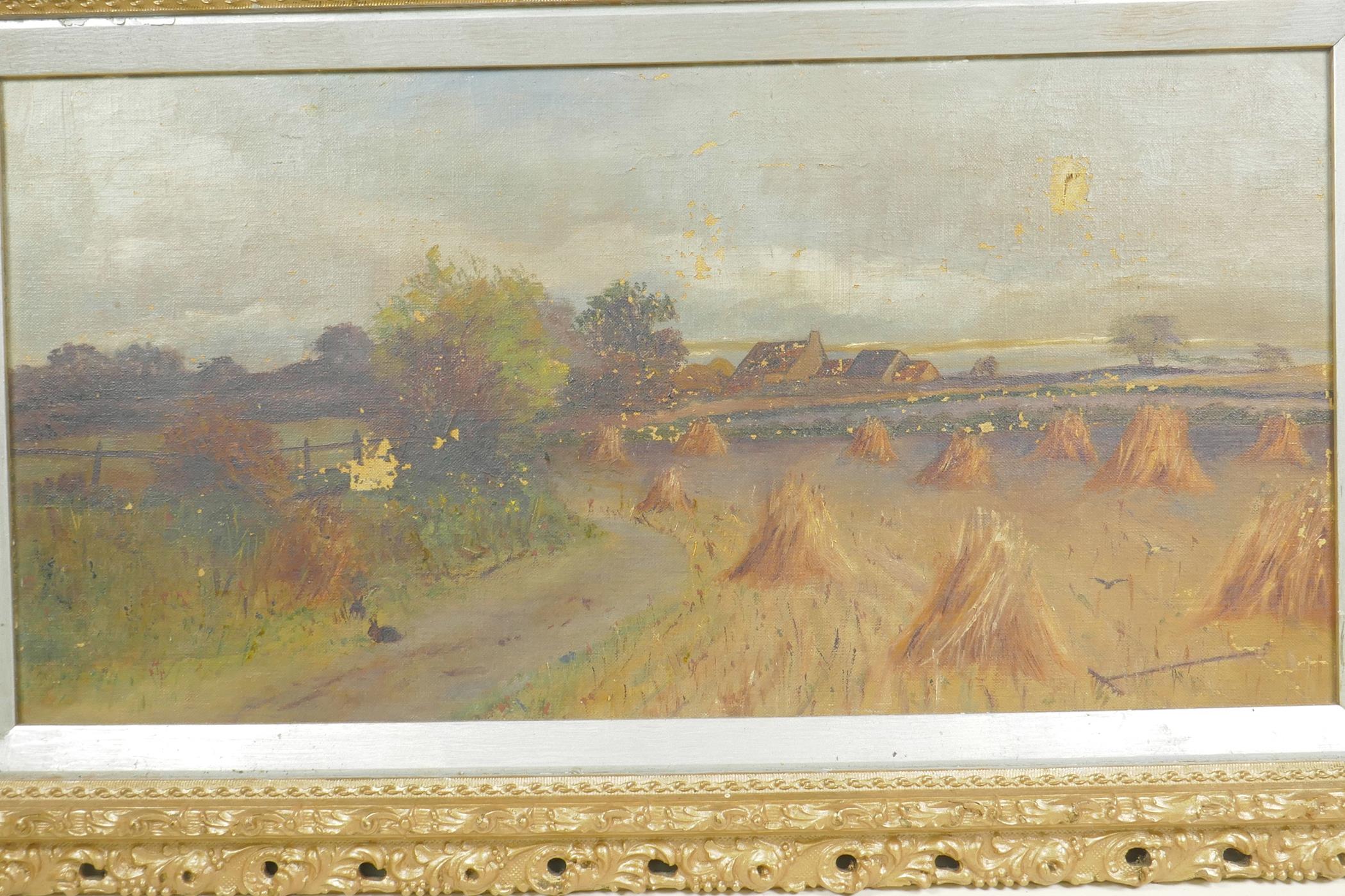 Corn stooks in a field with farm buildings beyond, oil on canvas, A/F, 20" x 10" - Image 3 of 3