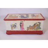 A C19th pine blanket chest with painted and decoupage decoration of Oriental figures, having iron