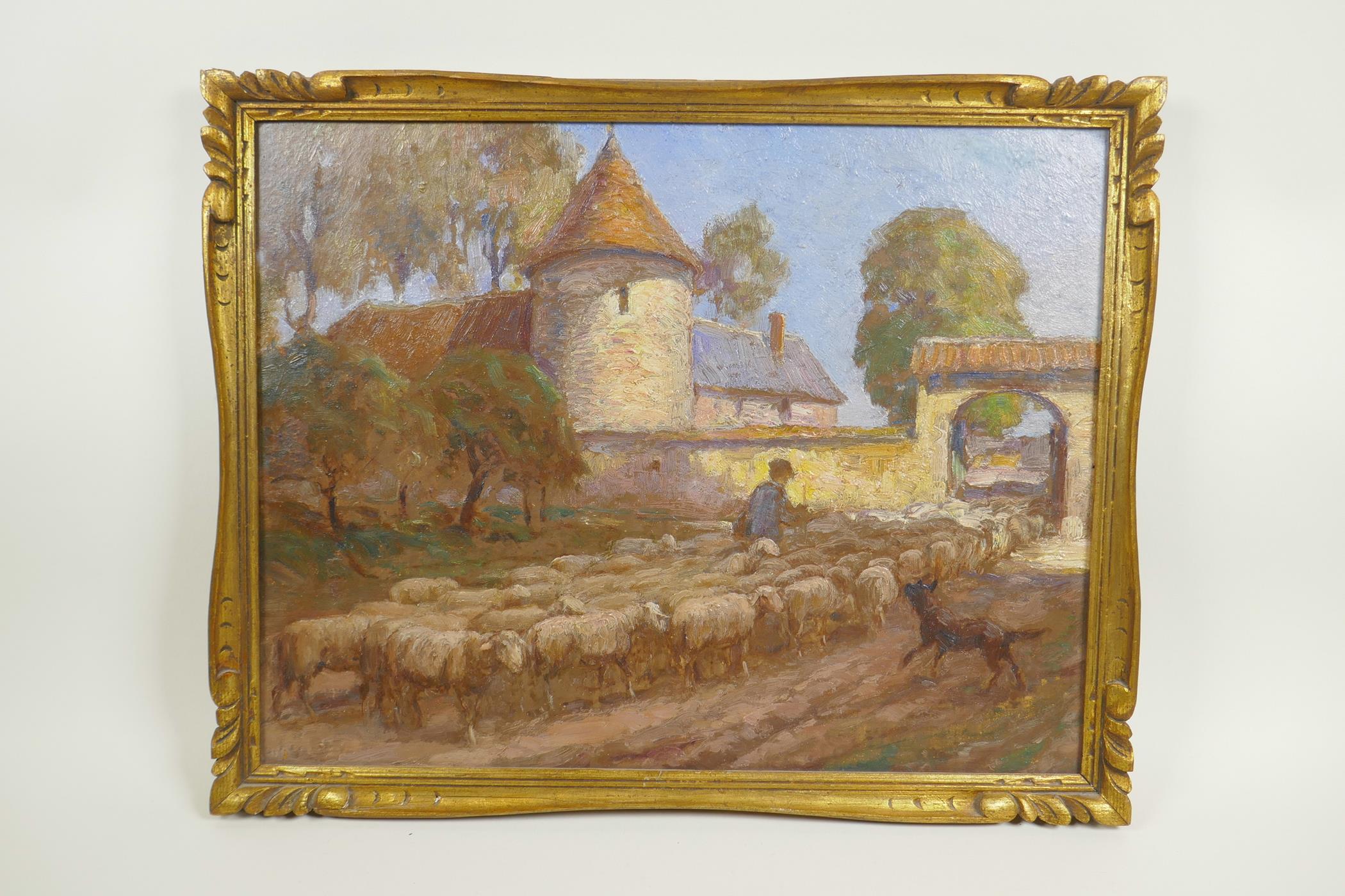 Shepherd and flock in a landscape, label verso 'Heinrich Johan Zugel', oil on board, 12" x 15" - Image 2 of 4