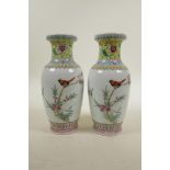 A pair of Chinese Republic porcelain vases with famille rose decoration of birds amongst flowers,