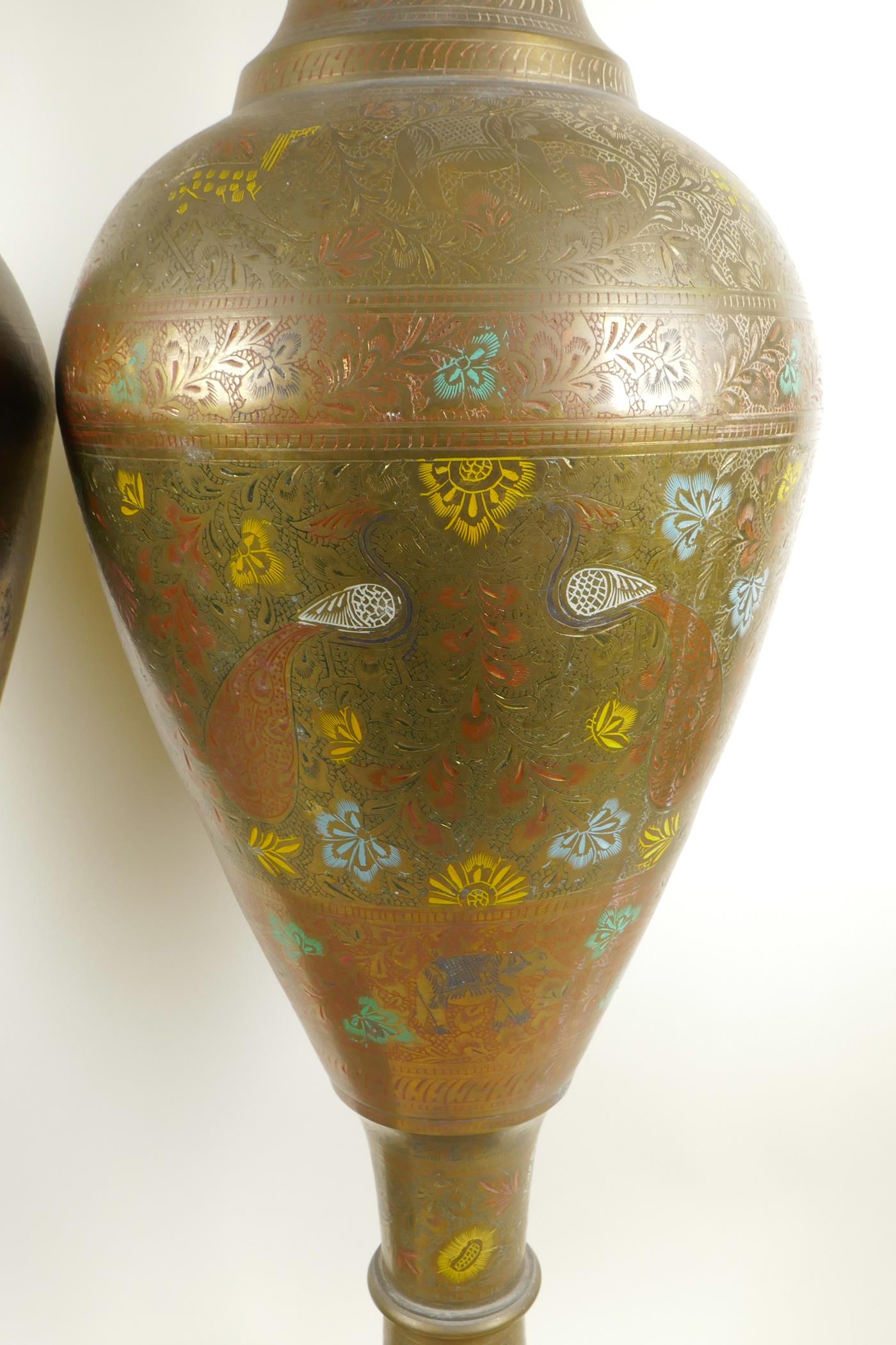 A pair of large Indian brass floor vases with engraved and painted decoration depicting peacocks, - Image 8 of 9
