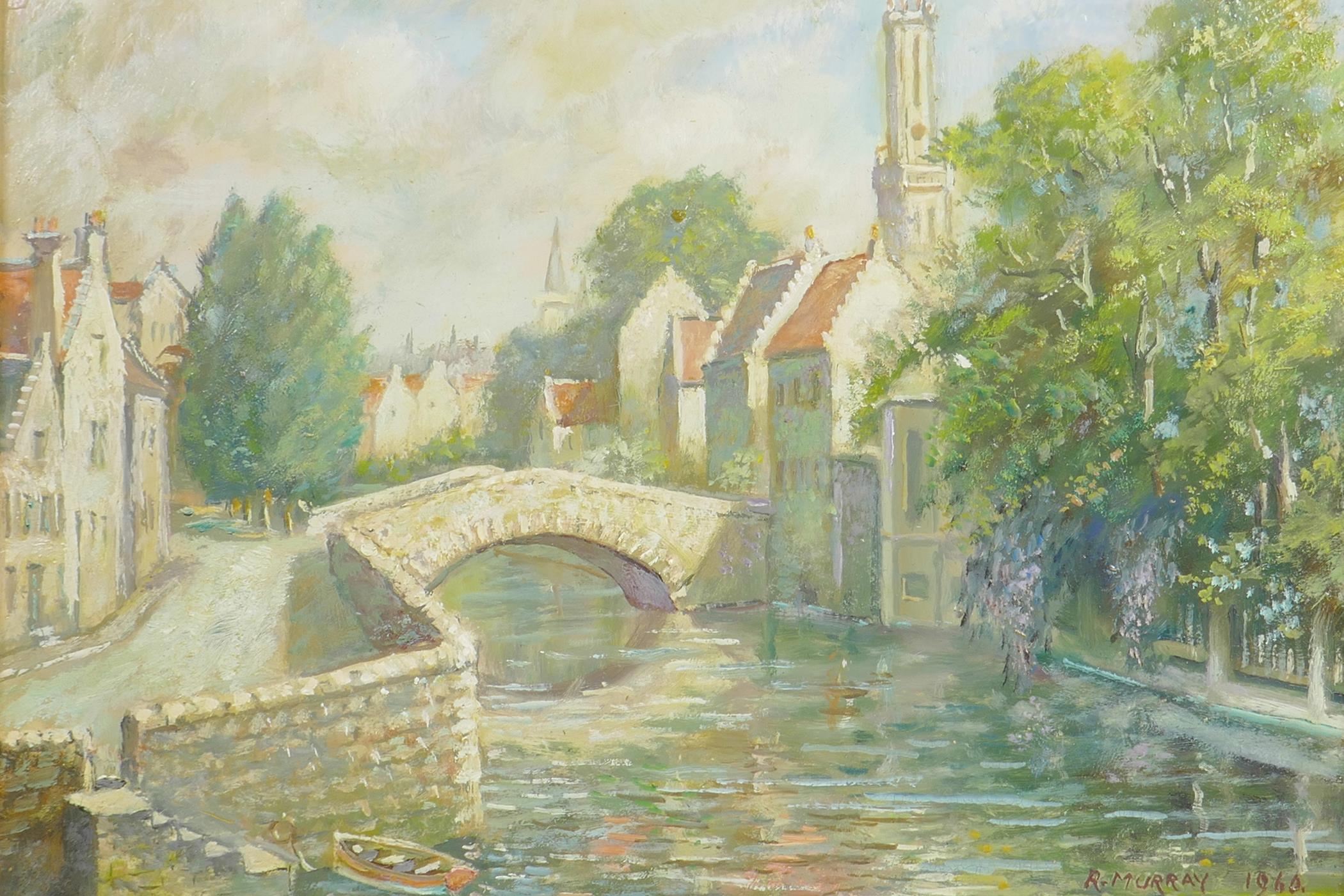 Robert Murray, river and town scene with stone bridge, signed and dated 1960, oil on board, 13" x