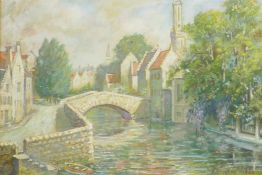 Robert Murray, river and town scene with stone bridge, signed and dated 1960, oil on board, 13" x