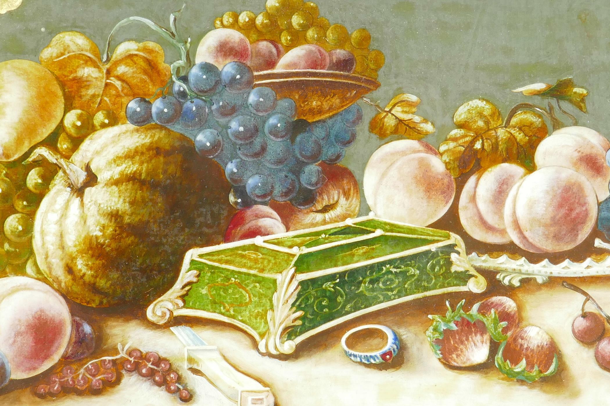 A C19th eglomise and reverse painted still life of fruit, with Gothic Revival decoration, in a - Image 3 of 7