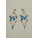 A pair of sterling silver and enamel butterfly drop earrings, 2" drop