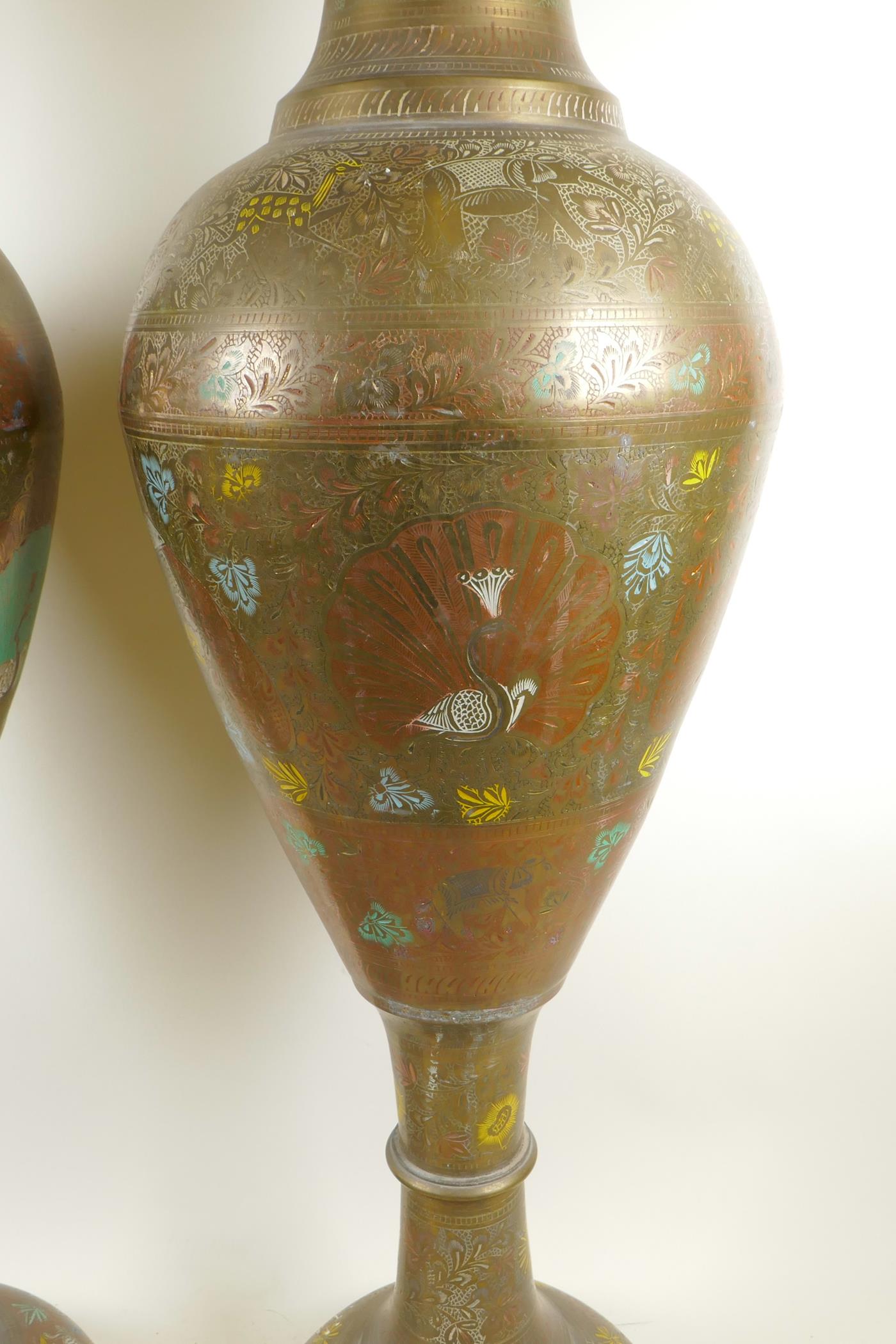A pair of large Indian brass floor vases with engraved and painted decoration depicting peacocks, - Image 3 of 9