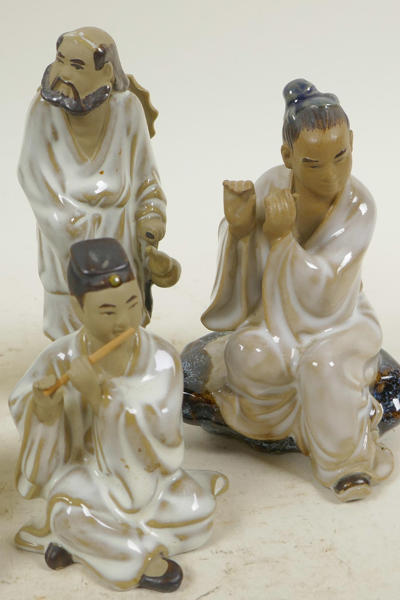 Five small Chinese, Shiwan style, mud men figures, largest 4½" high, one A/F - Image 2 of 3