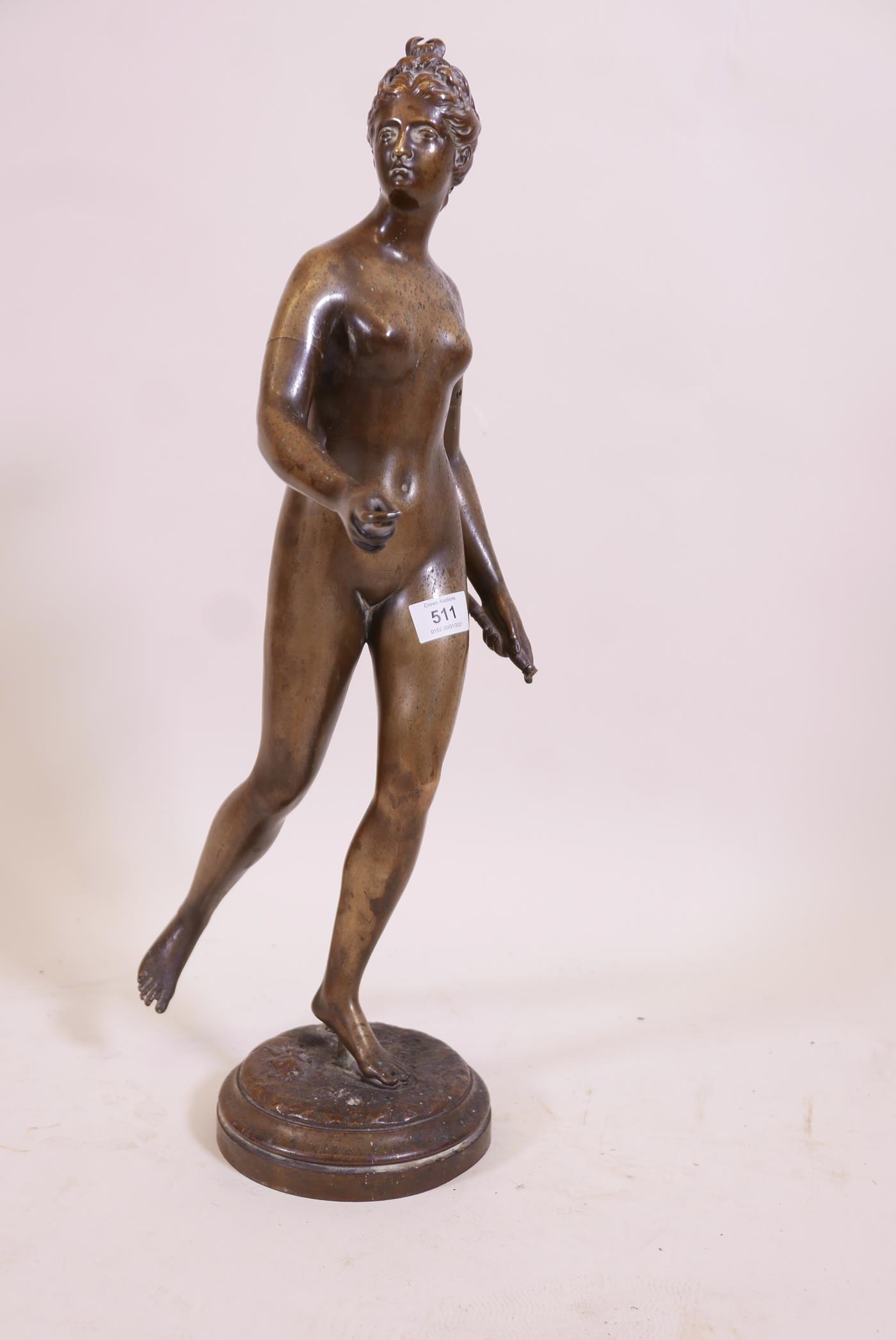 An antique brass figure of Diana the Huntress, after the antique, 24" high