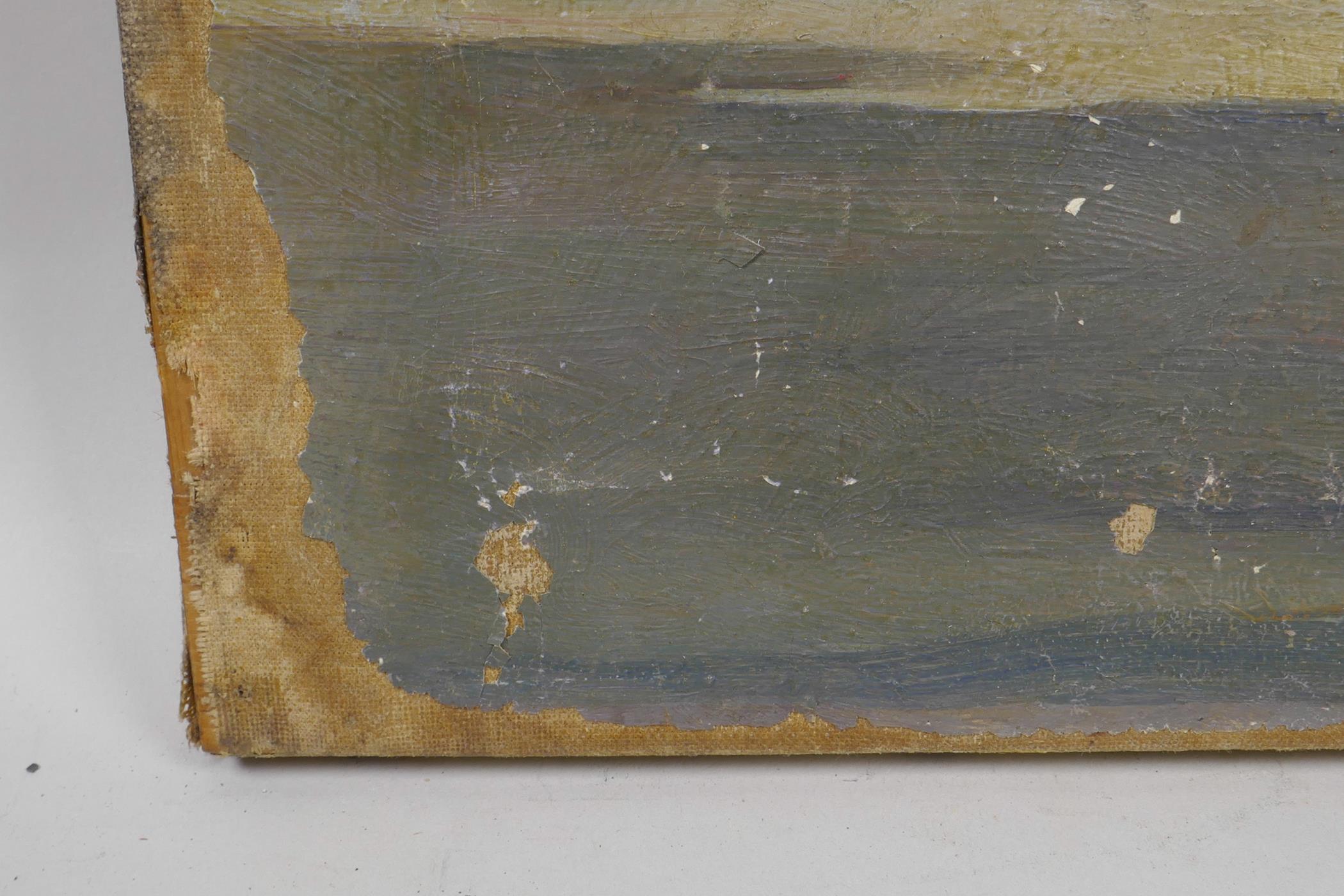 A late C19th/early C20th oil on canvas, landscape sketch, A/F, unframed, indistinctly signed, Scott? - Image 5 of 6
