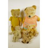 A collection of well loved teddy bears including Steiff and Harrods, largest 27"