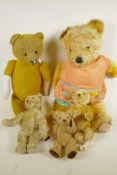 A collection of well loved teddy bears including Steiff and Harrods, largest 27"