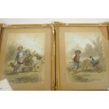 A pair of C19th watercolour and bodycolour paintings, children with a dog cart and child pushing a