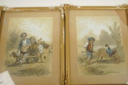 A pair of C19th watercolour and bodycolour paintings, children with a dog cart and child pushing a