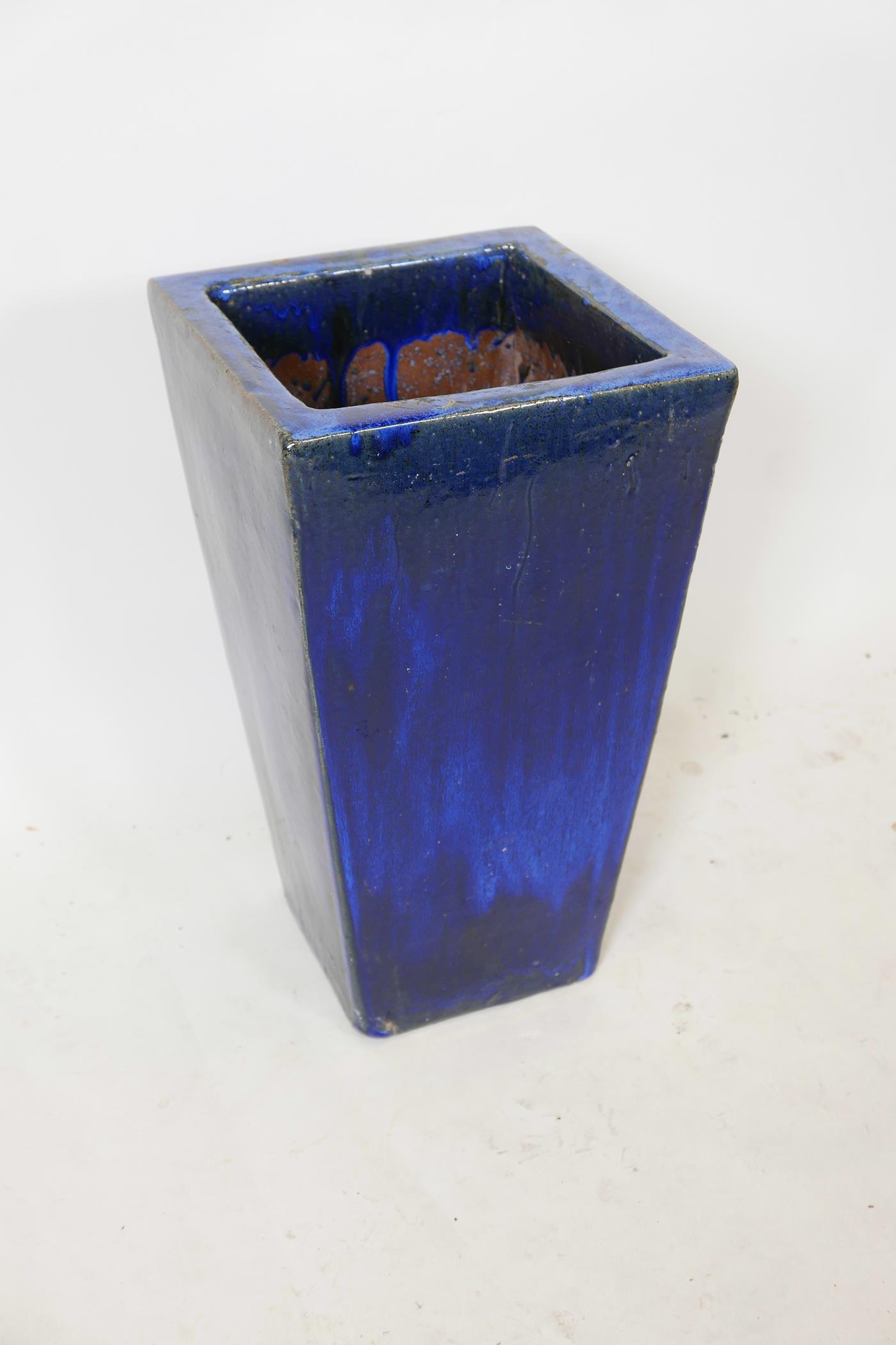 A blue glazed terracotta garden planter, 13" x 13", 23" high - Image 2 of 2