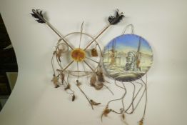 Two vintage North American dream catchers, one with painted scene of buffalo, the other with two