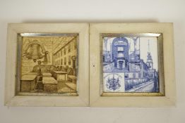Two C19th Minton porcelain tiles 'The Old Church Lane' and 'The Church Yard', 6" square, both framed