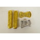Three Chinese gilt metal trade tokens/ingots, and another in white metal, largest 3½" long