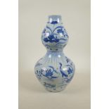 A Yuan style blue and white double gourd vase with crane and lotus flower decoration, 13"high