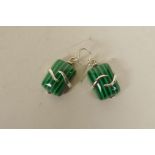 A pair of silver wire mounted malachite earrings
