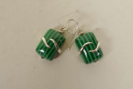 A pair of silver wire mounted malachite earrings