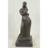 A bronze figure of a lady in a long dress, marked Bourdieu, 13" high