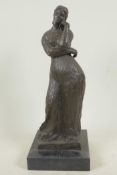 A bronze figure of a lady in a long dress, marked Bourdieu, 13" high