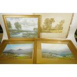 Three pictures, Frank Holme, pair of moorland landscapes, gouache, 17" x 10", Charles Collins, hay