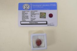 A 10.75ct natural ruby, oval cut, colour enhanced, certified by Gemological Laboratory of India,