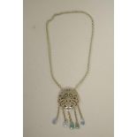 A Chinese white metal chatelaine style pendant necklace decorated with carved green jade gourds,