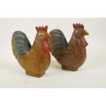 A pair of carved and painted wood cockerels 8" high