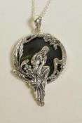 A 925 silver Art Nouveau style pendant necklace depicting a nymph, 2½" drop