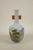 A Chinese famille verte porcelain bottle vase with two lug handles, decorated with a riverside