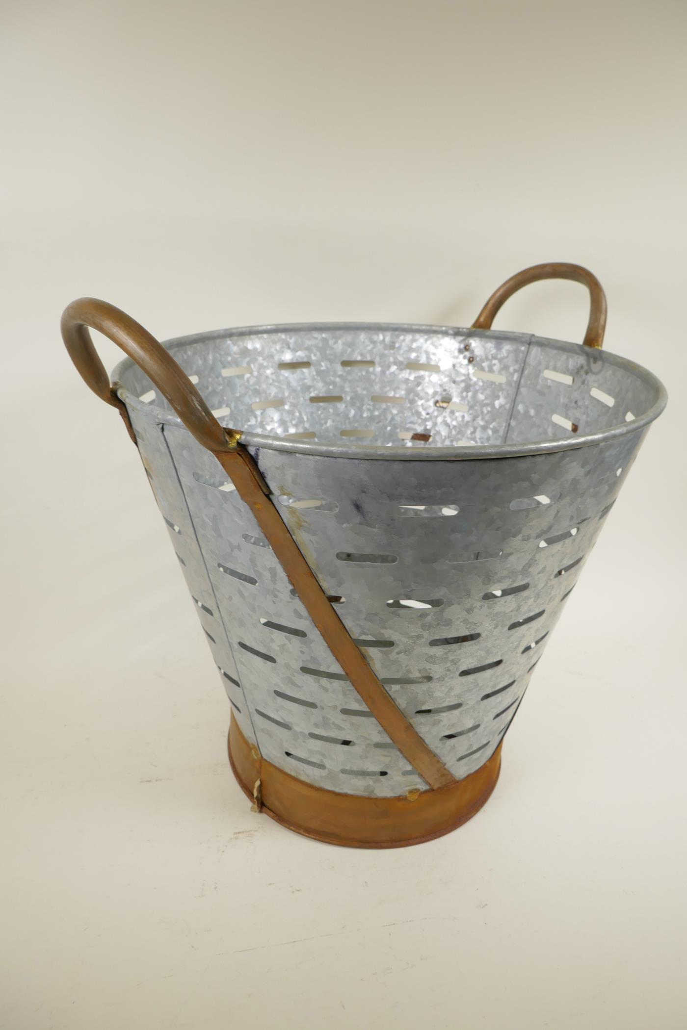 A galvanised iron olive bucket with copper loop handles, 16" diameter - Image 2 of 2