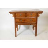 A Chinese elm side table with two short drawers over a single long drawer, 39½" x 23", 34" high