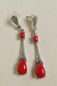 A pair of 925 silver, marcasite and red jasper drop earrings, 1½" drop