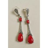 A pair of 925 silver, marcasite and red jasper drop earrings, 1½" drop