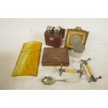 A quantity of miscellaneous items including a leather travel case with two glass and silver plated