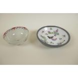 A Chinese porcelain bowl painted with butterflies in a pewter frame, 6" diameter, together with a