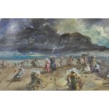 French impressionist style landscape with figures on a promenade, indistinctly signed, oil on paper,