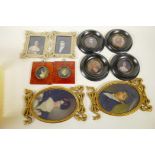 A set of four miniature portrait prints in black frames, 5¼" diameter, together with three pairs