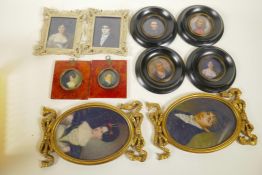 A set of four miniature portrait prints in black frames, 5¼" diameter, together with three pairs