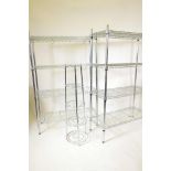 A pair of four tier stainless steel kitchen shelves, and a five tier pot rack, 36" x 14", 55" high