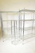 A pair of four tier stainless steel kitchen shelves, and a five tier pot rack, 36" x 14", 55" high