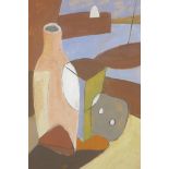 St Ives School, abstract still life by a coastal window, oil on board, 16" x 13½"