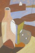 St Ives School, abstract still life by a coastal window, oil on board, 16" x 13½"